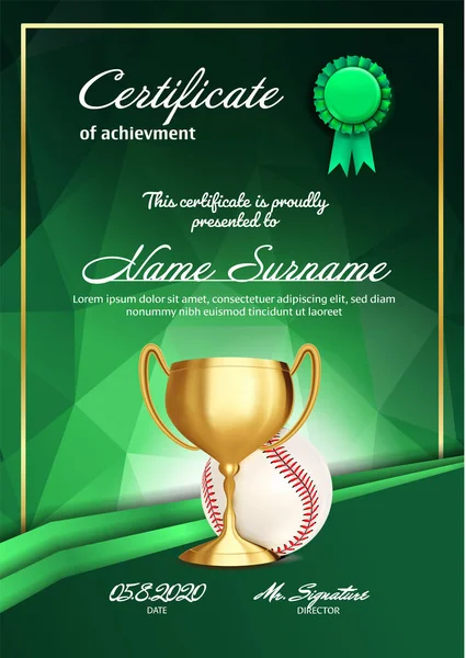 Diploma Certificado Béisbol Con Vector Copa Oro Plantilla Sport Award — Archivo Imágenes Vectoriales
