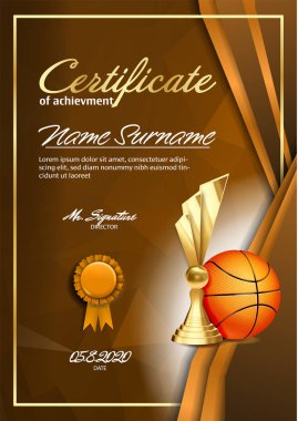 Altın Kupa vektör ile basketbol Sertifika Diploma. Spor Ödülü şablon. Başarı tasarım. Arka plan onur. A4 dikey. İllüstrasyon