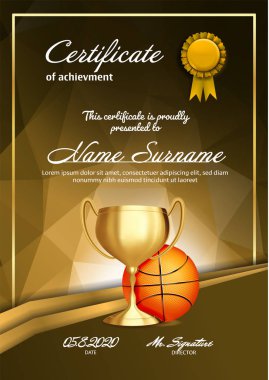 Altın Kupa vektör ile basketbol Sertifika Diploma. Spor mezuniyet. Zarif belge. Lüks kağıt. A4 dikey. Şampiyonluk illüstrasyon