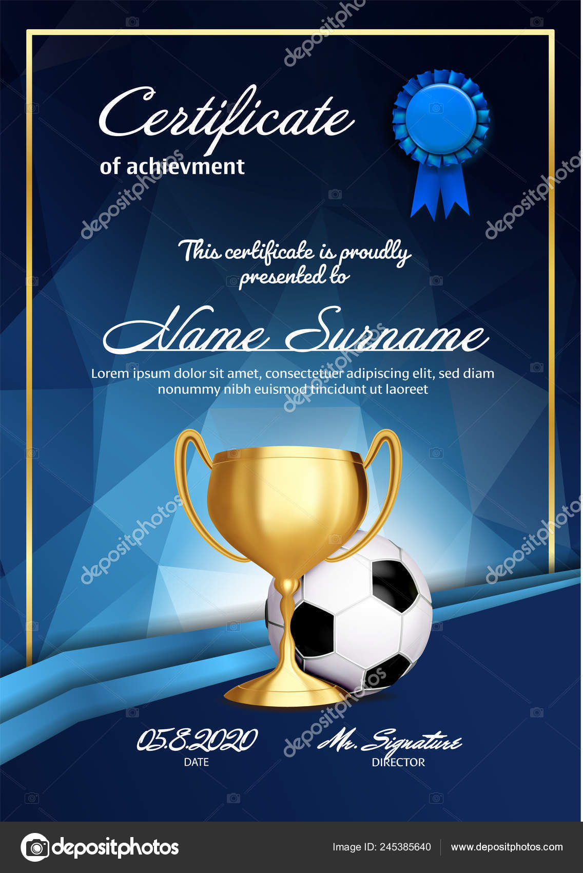 Soccer Certificate Diploma With Golden Cup Vector. Sport Pertaining To Soccer Award Certificate Template