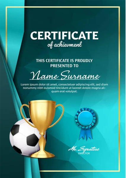 Diploma de Certificado de Jogo de Futebol com Golden Cup Vector. Sport Vintage Appreciation. Presente moderno. Imprimir em branco. A4 Vertical. Ilustração — Vetor de Stock
