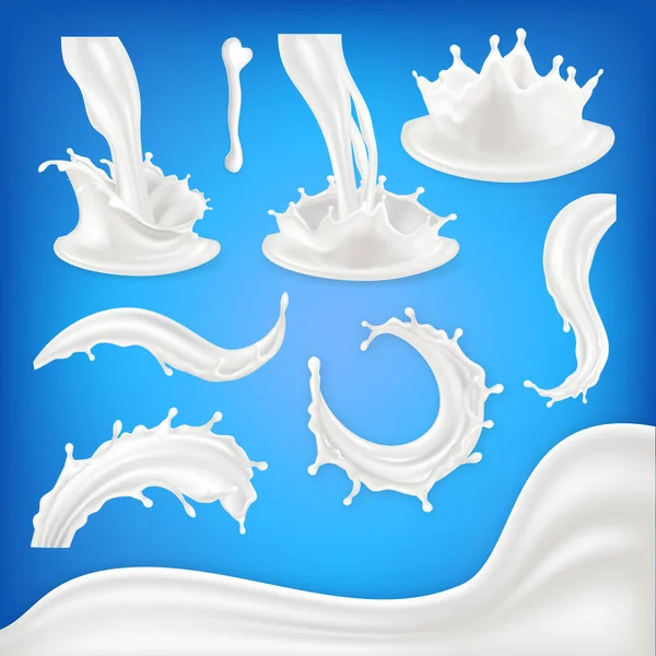 Leite Splash Set Vector. Onda Branca, Gota, Blots Liquid. Food Drink Natural Eco Produto Saudável. Derramando o elemento de design do produto. Ilustração realista 3D — Vetor de Stock