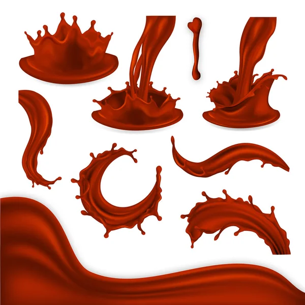 Chocolade plons instellen Vector. Bruin cacao Wave, voedsel Drop, Blots vloeistof. Lekkere zoete Dessert Product. Dwarrelen, Swirl gieten Product ontwerpelement. 3D-realistische afbeelding — Stockvector