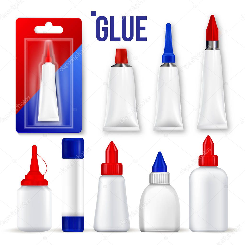 Glue Set Vector. Bottle, Tube, Stick. Super Fast Repair. Moment Gluing Fixing. Stationery Branding Package Mockup Design. 3D Realistic Illustration