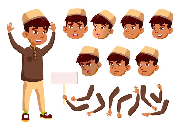 Araber, muslimischer Junge, Kind, Kind, Teenager. Teenager, Bildung. Gesicht Emotionen, verschiedene Gesten. Animationsset. isoliert flache Zeichentrickfigur Illustration — Stockvektor