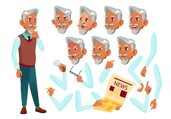 Arab, Muslim Old Man Vector. Persona mayor. Ancianos, personas mayores. Emociones faciales, varios gestos. Conjunto de Creación de Animación. Ilustración plana aislada del carácter de la historieta — Vector de stock