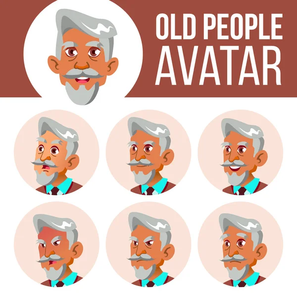 stock vector Arab, Muslim Old Man Avatar Set Vector. Face Emotions. Senior Person Portrait. Elderly People. Aged. Friendly. Positive Person. Cartoon Head Illustration