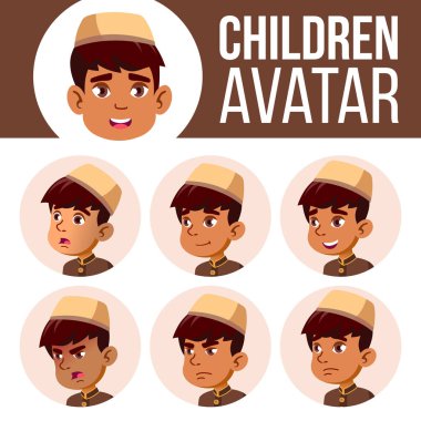Arap, Müslüman çocuk Avatar Set çocuk vektör. İlköğretim Okulu. Yüz duygular. Duygu, duygusal. Eğlenceli, neşeli. Tasarım, broşür. Karikatür Head illüstrasyon