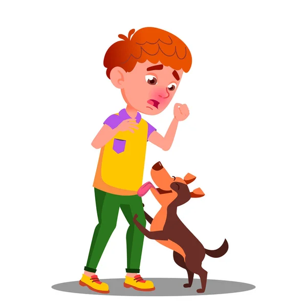 Alergiczne, kichanie chłopiec z psem Vector. Ilustracja kreskówka na białym tle — Wektor stockowy