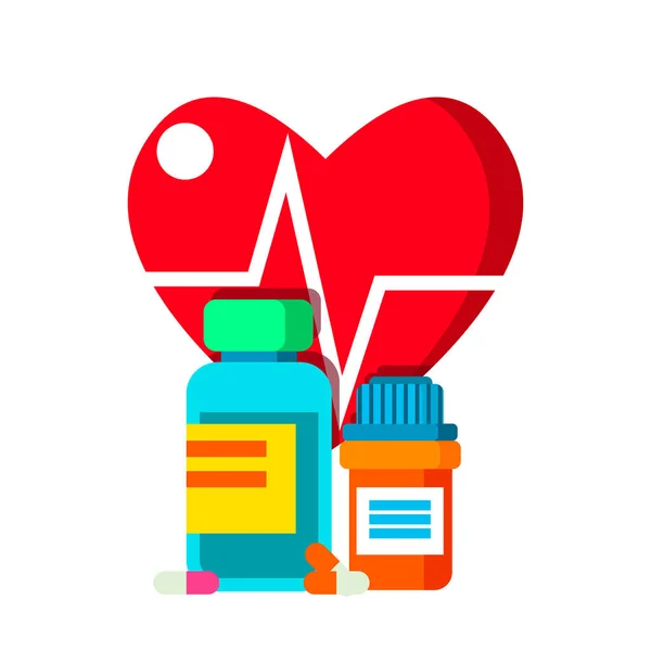 Píldoras de la botella médica en el fondo del corazón y los latidos del corazón Gráficos Vector. Ilustración de dibujos animados aislados — Vector de stock