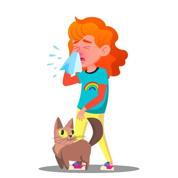 Allergique, éternuant fille avec un vecteur de chat. Illustration de bande dessinée isolée — Image vectorielle