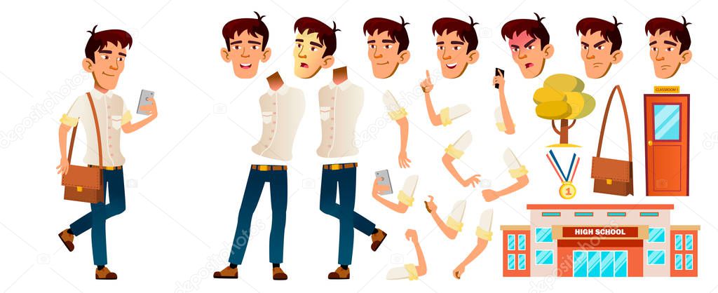 Asian Boy Schoolboy Kid Vector. High School Child. Animation Creation Set. Face Emotions, Gestures. School Student. Cheer, Pretty, Youth. For Postcard, Cover, Placard Design. Animated. Illustration