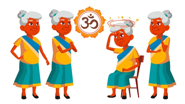Indiska gammal kvinna poserar Set vektor. Äldre människor. Senior Person. Åldern. Vackra pensionär. Liv. Design. Isolerade tecknad Illustration — Stock vektor