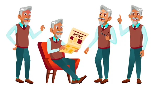 Arab, Muslim Old Man Poses Set Vector. Elderly People. Senior Person. Aged. Friendly Grandparent. Web, Poster, Booklet Design. Isolated Cartoon Illustration — Stock Vector
