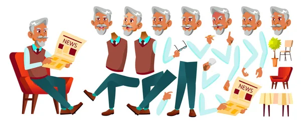 Arab, muzulmán öreg vektor. Magas rangú személy portré. Idős emberek. Idősebb. Animáció létrehozása készlet. Érzelmeiket, gesztusok szembe. Aktív nagyszülő. Öröm. Poszter Design. Animált. Illusztráció — Stock Vector