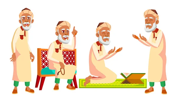 Arab, Muslim Old Man Poses Set Vector (en inglés). Personas mayores. Persona mayor. Envejecido. Hermoso jubilado. La vida. Tarjeta, Anuncio, Diseño de saludos. Ilustración de dibujos animados aislados — Vector de stock