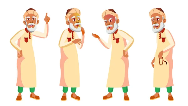 Arab, Muslim Old Man Poses Set Vector. Elderly People. Senior Person. Aged. Friendly Grandparent. Banner, Flyer, Brochure Design. Isolated Cartoon Illustration