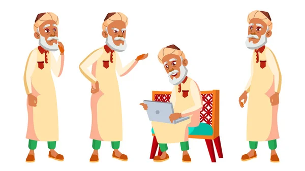 Арабский, мусульманский старик позирует как вектор. Пожилые люди. Старший по званию. В возрасте. Забавный пенсионер. Отдых. Открытка, объявление, дизайн обложки. Изолированная карикатура — стоковый вектор
