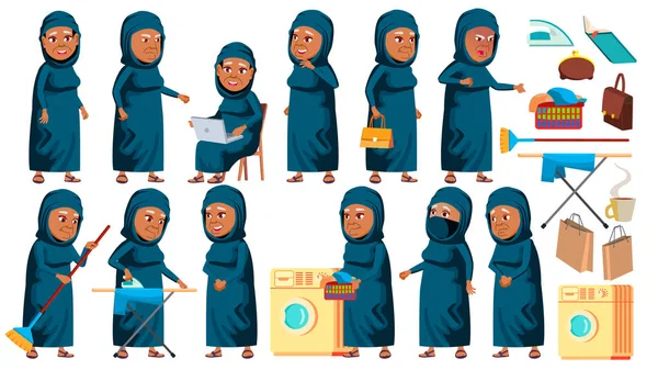 Poses Arabes, Musulmanes Vieille Femme Set vecteur. Les personnes âgées. Personne âgée. Agé. Pensionné positif. Web, Brochure, Poster Design. Illustration de bande dessinée isolée — Image vectorielle