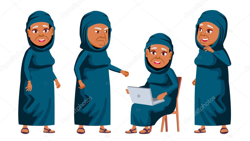 Arab, Muslim Old Woman Poses Set Vector. Elderly People. Senior Person. Aged. Friendly Grandparent. Web, Poster, Booklet Design. Isolated Cartoon Illustration