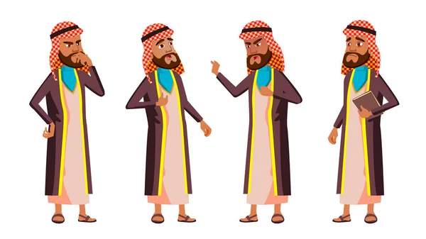 Arab, Muslim Old Man Poses Set Vector. Orang tua. Orang Senior. Berusia. Retiree yang manis. Kegiatan. Iklan, Salam, Desain Pengumuman. Ilustrasi Kartun Terisolasi - Stok Vektor