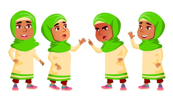 Arab, Muslim Girl Kindergarten Kid Poses Set Vector. Carácter de niños hermosos felices. Para Publicidad, Folleto, Placard Design. Ilustración de dibujos animados aislados — Vector de stock
