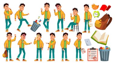 Asya kötü çocuk okul çocuğu vektör. Lise çocuk. Çocuk çalışma. Gülümse, etkinlik, güzel. Web, broşür, afiş tasarımı için. İllüstrasyon izole karikatür
