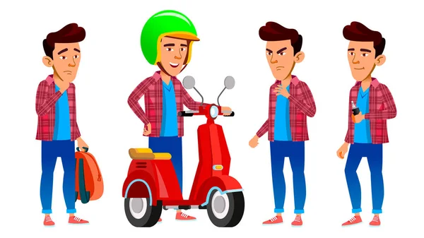 Asian Boy Set Vector. High School Child. Fast Delivery Service. Scooter. For Presentation, Invitation, Card Design. Isolated Cartoon Illustration — Stock Vector