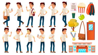 Asyalı çocuk okul çocuğu çocuk Set vektör teşkil etmektedir. Duygusal. Beyaz gömlek. Lise çocuk. Çocuk çalışma. Bilgi, bilgi, ders. Reklam, afiş, baskı tasarımı için. İllüstrasyon izole karikatür