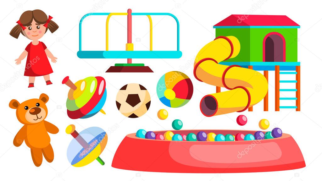 Playground Toys Vector. Doll, Ball, Bear, Carousel Attraction Flat Cartoon Illustration