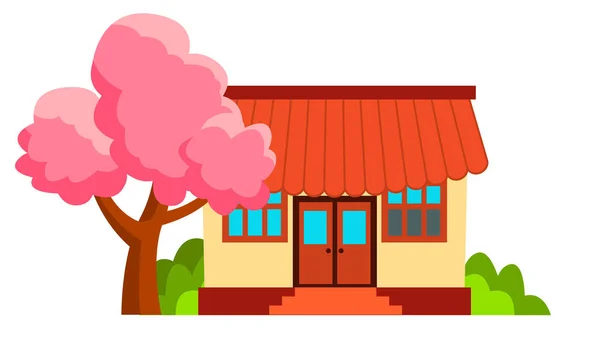 Japanese House And Sakura Vector. Isolated Flat Cartoon Illustration — Stock Vector