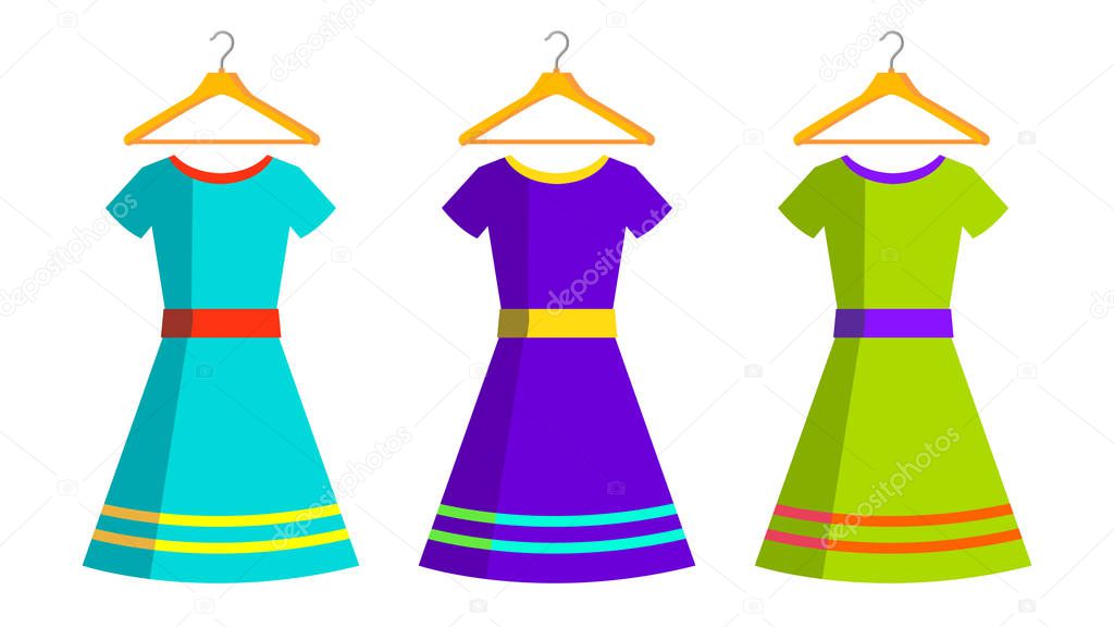 Women Dresses And Hanger Vector. Isolated Flat Cartoon Illustration