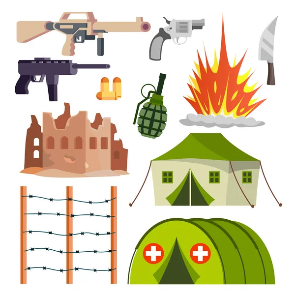 Krigföring militära ikoner vektor. Sjukhus, bombexplosion, vapen, Pistol. Isolerad platta tecknad Illustration — Stock vektor