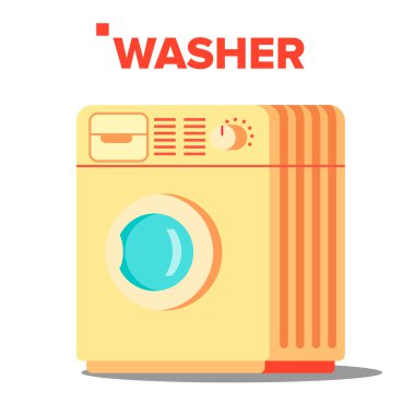 Yıkama makinesi vektör. Klasik musabakada ev çamaşır makinesi. Düz çizgi film illüstrasyon izole