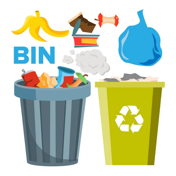 Bin Trash Icons vecteur. Poubelles classiques et recyclables. Illustration de dessin animé plat isolé — Image vectorielle