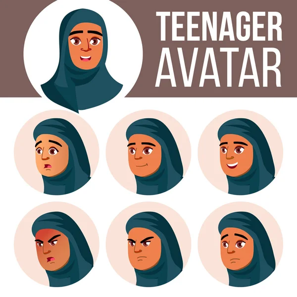 Árabe, musulmana adolescente Avatar Set Vector. Emociones faciales. Niños. Hermosa, graciosa. Ilustración de cabeza de dibujos animados — Archivo Imágenes Vectoriales
