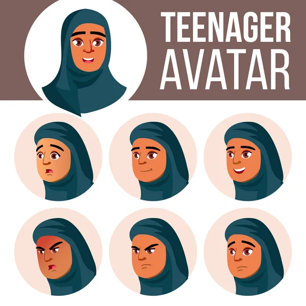 Árabe, muçulmano adolescente Avatar Set Vector. Emoções faciais. Filhos. Linda, engraçada. Desenhos animados cabeça ilustração — Vetor de Stock