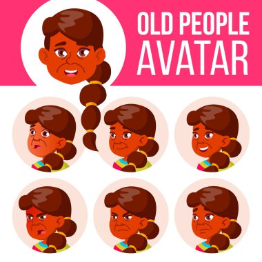 Hint yaşlı kadın Avatar Set vektör. Yüz duygular. Üst düzey kişi portre. Yaşlı insanlar. Yaşlı. Kafa, kutsal kişilerin resmi. Mutluluk zevk. Karikatür Head illüstrasyon