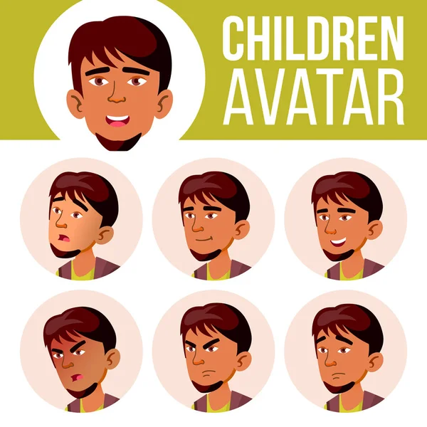 Arab, Muslim Boy Avatar Set Kid Vector. No liceu. Emoções faciais. Plano, Retrato. Bonito, Comic, Web. Desenhos animados cabeça ilustração —  Vetores de Stock