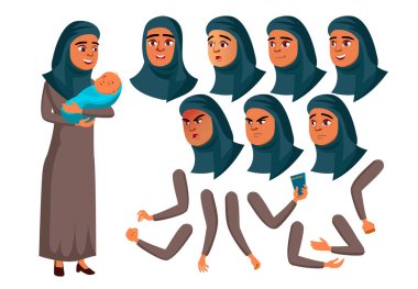 Arap, Müslüman genç kız vektör. Genç. Yetişkin insanlar. Anne ve bebek. Rahat. Eğlenceli, neşeli. Duygular, çeşitli hareketler karşısında. Animasyon oluşturma küme. Düz çizgi film karakteri illüstrasyon izole