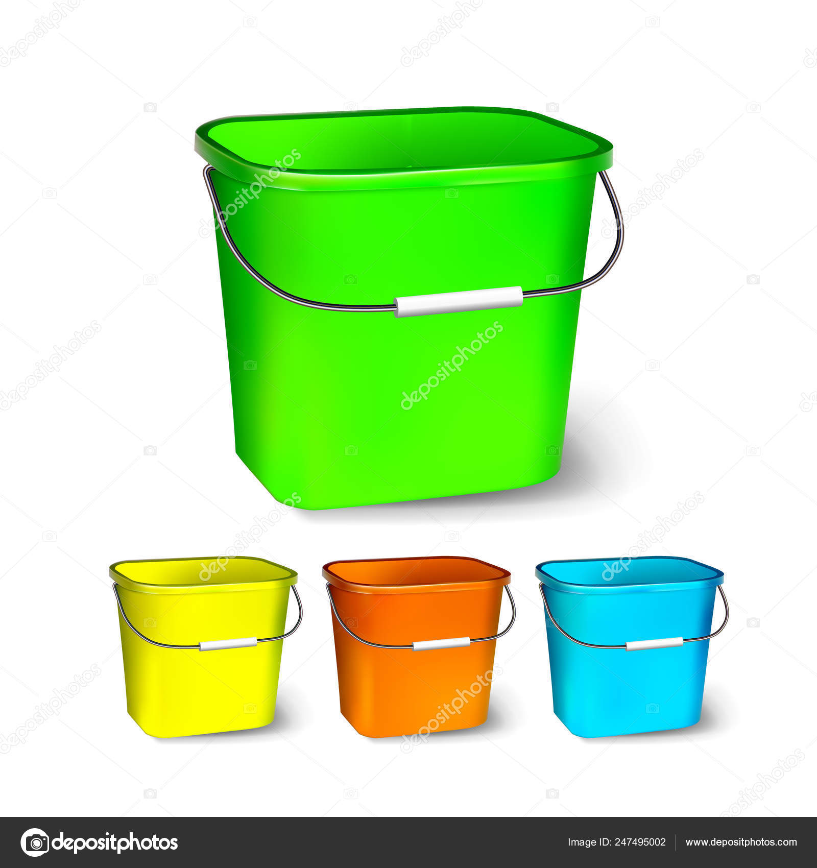 Square Plastic Bucket Vector. Bucketful Different Colors. Classic Jar With Handle, Empty. Garden