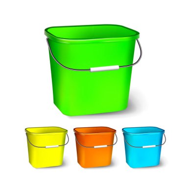 Kare plastik kova vektör. Bucketful farklı renkte. Klasik kavanoz saplı, boş. Bahçe, ev, Ofis donanımı. Paket. Gerçekçi illüstrasyon izole