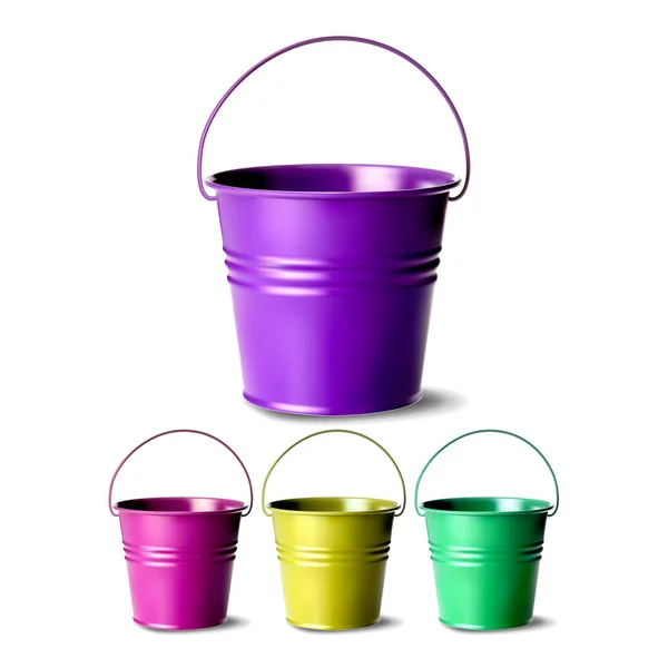 Vector de cubo de metal. Bucketful diferentes colores. Tarro clásico vacío. Equipo de limpieza para agua. Ilustración realista aislada — Archivo Imágenes Vectoriales