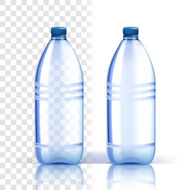 Plastik şişe vektör. Taze şablonu. Daha mavi Klasik su şişesi kapağı ile. İçki, içecek, sıvı, Soda, meyve suyu için kapsayıcı. Marka tasarım. Gerçekçi izole şeffaf şekil
