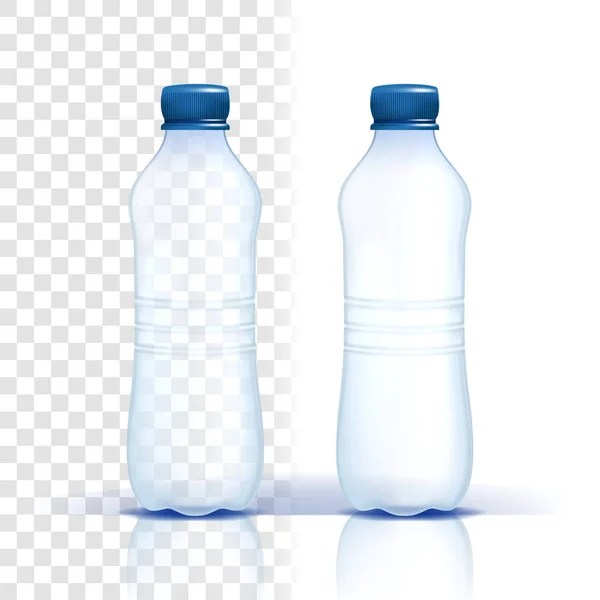 Vector de botella de plástico. Etiqueta vacía. Botella de agua clásica Bluer con tapa. Contenedor para Bebida, Bebida, Líquido, Soda, Jugo. Diseño de marca. Ilustración transparente aislada realista — Vector de stock