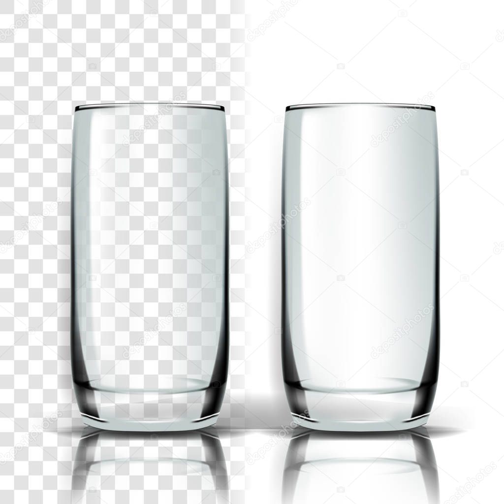 Transparent Glass Vector. Nightclub Degustation. Empty Clear Glass Cup. For Water, Drink, Wine, Alcohol, Juice, Cocktail. Realistic Shining Glassware Transparency Illustration