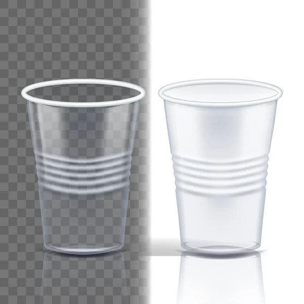 Copa de plástico Vector transparente. Marca gráfica. Taza para beber. Vajilla desechable claro contenedor vacío. Bebida fría o caliente para llevar. Ilustración realista 3D aislada — Vector de stock