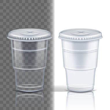 Plastik bardak şeffaf vektör. Cafe çatal bıçak takımı. Kupa içki. Tek kullanımlık sofra Temizleme boş konteyner. Soğuk veya sıcak paket servisi olan restoran içki. 3D gerçekçi illüstrasyon izole