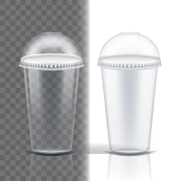 Copa de plástico Vector transparente. Despejado. Taza para beber. Vajilla desechable claro contenedor vacío. Bebida fría o caliente para llevar. Ilustración realista 3D aislada — Vector de stock
