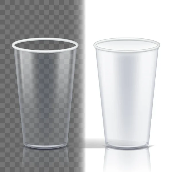 Copa de plástico Vector transparente. Objeto limpio. Taza para beber. Vajilla desechable claro contenedor vacío. Bebida fría o caliente para llevar. Ilustración realista 3D aislada — Vector de stock